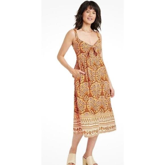 Knox Rose Sundress Womens Sz XL Wide Strap Front Tie A Line Midi Dress Pockets - Picture 1 of 7